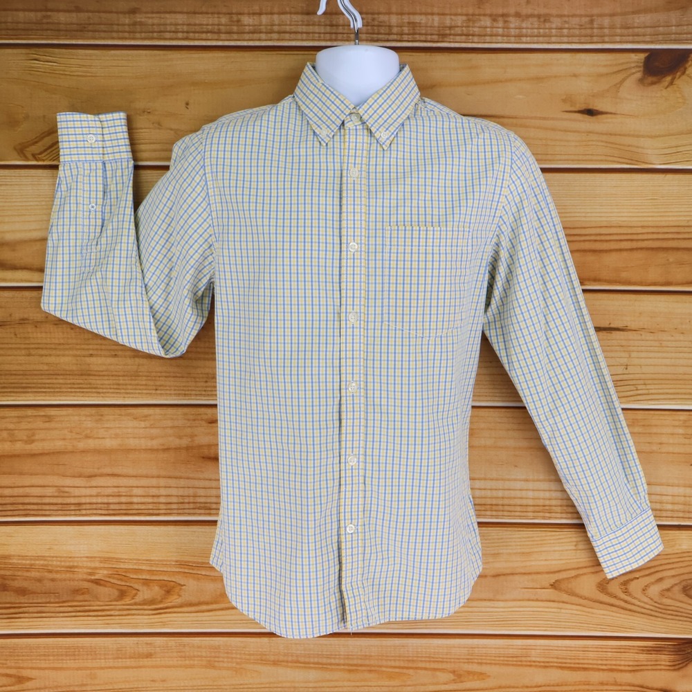Old Navy Dress Shirt Mens Sz S Yellow Blue Checks 100% Cotton Button Down Collar
